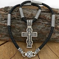 "Total weight +- 70 grams 1️⃣Silver Orthodox cross. Art. 0126 Silver Cross \"Crucifixion of Christ. Prayer\" May God rise again. \"Orthodox Cross\". Silver 925 with blackening. Weight 22 grams (+- 1 gr) Size 57/31 mm. 2️⃣Leather lace with silver ends and \"Save and Save\" inserts. The price depends on the number of inserts. This cord has a length of 55 cm, lace diameter 5 mm, 6 inserts \"Save and Save\", Lock carbine (ends with the face of Jesus and a carbine with the image of Chrism)" Orthodox Cross, Mens Silver Jewelry, Jesus Face, Cross Art, Silver Accessories, Men's Necklace, Silver Cross, Leather Lace, Leather And Lace