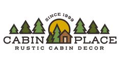 the cabin in place logo with trees and mountains on it, as well as an image of