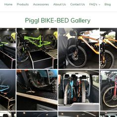 several pictures of bicycles in the back of a vehicle with other bikes on it's rack