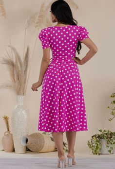 ARRIVING AUGUST 22nd: Puff Sleeve Polka Dot Cocktail Dress, Sizes 1X - 3X (Fuschia) Pink Midi Dress With Tie Waist And Short Sleeves, Dot Print Dress, Midi Cocktail Dress, Maxi Wrap Dress, Vintage Beauty, Dot Print, Sacramento, Stylish Dresses, Waist Tie