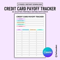 the printable credit card payoff tracker is shown in front of a pink background