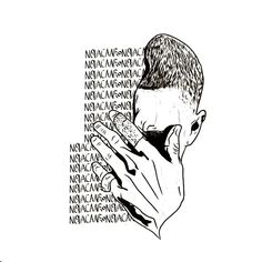 a black and white drawing of a man holding his hand to his face with words written on the wall behind him