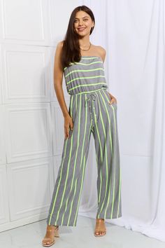 Grey Neon Sleeveless Striped Jumpsuit – Via Vay Boutique Love Pop, Jumpsuit Online, Color Full, Sew In, Draped Fabric, Pop Of Color, Clothing Company, Stripe Print