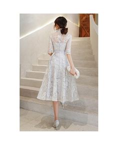 Buy elegant grey lace tea length party dress with half sleeves collar at cheap price online. Free stable shipping and pro custom service since 2009. Lace Midi Dress For Wedding Party Season, Lace Midi Dress For Wedding And Party Season, Spring Banquet Short Sleeve Lace Dress, Elegant Half Sleeve Lace Dress For Spring, Spring Party Lace Dress, Tea Length, Spring Party Lace Dress Tea Length, Spring Wedding Midi Dress With Half Sleeves, Half Sleeve Midi Dress For Spring Wedding, Summer Wedding Midi Dress With Half Sleeves