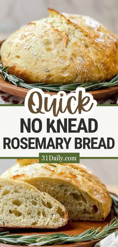 quick no knead rosemary bread on a plate with text overlay that reads quick no knead rosemary bread