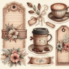 an assortment of coffee related items on a white background, including tags and stickers