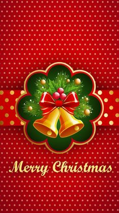 merry christmas card with bells and holly wreath on red polka dot background stock photo - budget free christmas cards