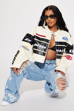 Available In Ivory/combo. Cropped Jacket Bomber Multi Badges Snap Button Closure Verbiage Disclaimer : Embroidery Placement Will Vary Shell: 100% Polyurethane Lining: 100% Polyester Imported | Monaco Cropped Jacket in Ivory size Small by Fashion Nova Courtside Baddie, Cropped Jackets, Racing Jacket Outfit, Jacket Outfit Women, 90s Jacket, Cropped Leather Jacket, Bra Dress, Sweater Jumpsuit, High Fashion Home