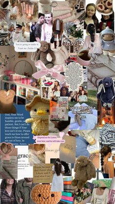 a collage of photos with many different things in them including hats, clothes and teddy bears