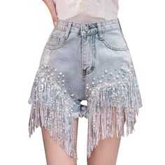 PRICES MAY VARY. High Quality Denim:Women Stretchy Distressed Denim Shorts Wash Denim,Stretchy,Soft,Durable, Cut off hem,Rhinestone Pearl Beaded Fringe Tassels,Classic 5-pocket Design, Zip-Fly with Button Closure. Girl Distressed Denim Shorts OCCASIONS: Rock Your Casual Style in These Stretchy Jean Shorts. It is Perfect for Dating, Shopping, Beach, Holiday, Night Party or Schools, etc. Pair with Sandals for Your Favorite Style. Nursing should be Care: Hand Wash/Machine Wash/Do not bleach women's High Waist Jeans Schwarz, Dressy Denim, Baggy Jeans For Women, Stretchy Jean Shorts, Shorts Design, High Waisted Wide Leg Jeans, Women's Plus Size Jeans, Elastic Waist Jeans, Womens Summer Shorts