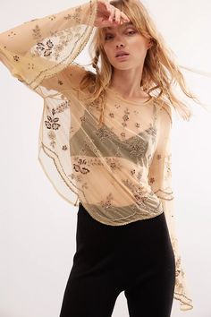 Love Her Top | Free People Spring Crop Top With Sheer Sleeves, Summer Crop Top With Sheer Sleeves, Spring Party Tops With Overlay, Spring Party Crop Top With Crew Neck, Spring Sheer Cropped Crop Top, Fall Sheer Crew Neck Blouse, Spring Cropped Mesh Top With Sheer Sleeves, Summer Cropped Mesh Top With Sheer Sleeves, Chic Sheer Crop Top For Spring