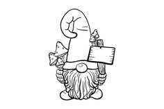 a black and white drawing of a gnome holding a sign