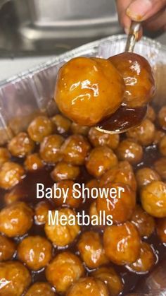 baby shower meatballs are being served in a foil container