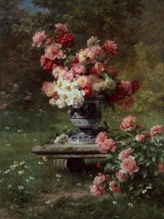 a painting of pink and white flowers in a vase on a stone table with greenery behind it