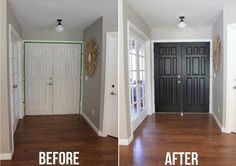 before and after photos of a home's entryway with new doors painted white