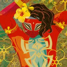 an abstract painting of a woman with flowers in her hair, wearing a red mask