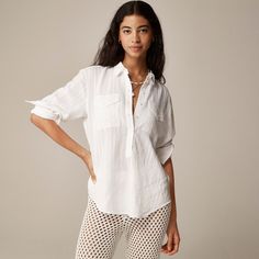 J.Crew: Textured Popover Top For Women Relaxed Fit Blouse With Roll-up Sleeves For Spring, Casual Blouse With Roll-up Sleeves And Shirttail Hem, Casual Tops With Roll-up Sleeves And Shirttail Hem, Chic White Blouse With Roll-up Sleeves, Effortless White Tops For Layering, Trendy Layering Shirt, Spring Daywear Blouse With Roll-up Sleeves, Chic Blouse With Rolled Sleeves For Daywear, Versatile Collared Tops For Fall