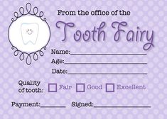 a tooth fairy certificate with an image of a tooth on the front and back of it