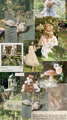 a collage of photos with flowers, trees and birds in the middle of them