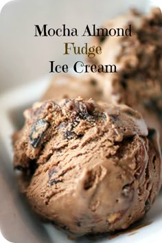 mocha almond fudge ice cream on a white plate