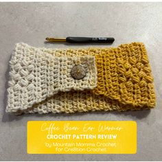 the coffee beanie easy warmer crochet pattern is shown in yellow and white