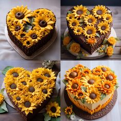 four pictures of sunflowers arranged in the shape of a heart on top of a cake