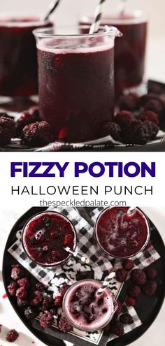 two pictures with different types of food in them and the words, fizzy potion halloween punch