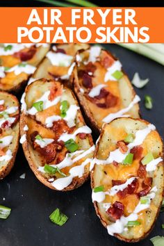 air fryer potato skins with bacon, cheese and sour cream drizzled on top