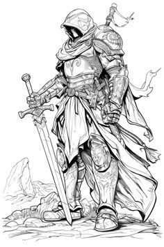 a black and white drawing of a knight