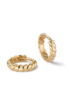 These twisted hoop earrings are here to put a fresh spin on your everyday hoop. Made of 100% recycled solid gold, they have a delicate twisted design that adds texture to your stack. Care to pair? Wear them with our Gold Huggie Hoops for an elevated everyday look. 10k recycled solid gold Twisted design Perfect to add texture Width: 2.5mm - 0.09" Depth:1.25mm - 0.05" Weight: 0.92g Hoop Diameter:9.8mm - 0.38" Post: 10K Solid Gold Hinge Clasp Crafted In Mexico Modern Twist Small Hoop Gold Earrings, Modern Twist Gold Huggie Hoop Earrings, Twist Hoop Earrings, Gold Huggie Earrings With Modern Twist, Tarnish Resistant, Gold Twisted Hoop Earrings, Twisted 14k Gold Hoop Earrings, Fall Wardrobe Essentials, Modern Shop, Baby Boy Shoes