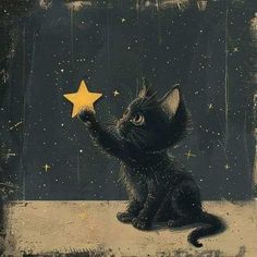 a black cat reaching up to a yellow star