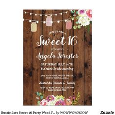 the rustic floral brunch and bubbly wedding card is shown on a wooden background