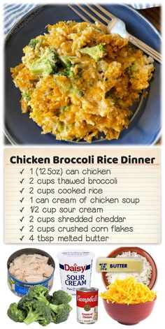 chicken broccoli rice dinner recipe on a blue plate with ingredients to make it