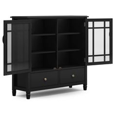 a black cabinet with glass doors and drawers on the bottom shelf is shown in front of a white background