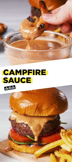 a person dipping sauce on top of a hamburger with fries in the foreground and an advertisement for campfire sauce above it