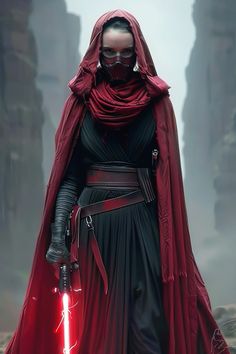 a woman dressed as darth vader holding a light saber in her hand and wearing a red cape