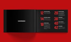 a black and red brochure with numbers on the front, back and sides