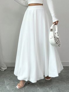 Blanco Casual Collar  Tela tricotada Liso Campana Embellished No-Elástico High Waisted Circle Skirt, Long Silk Skirt, Wedding Fits, White Long Skirt, Ruffle Hem Skirt, White Maxi Skirts, Winter Skirt, Satin Maxi, Hem Skirt