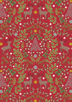 a red background with reindeers and christmas trees