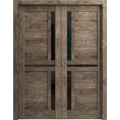 an image of a wooden door with glass inserts on the front and side panels