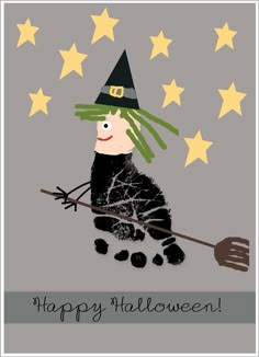 a happy halloween card with a cartoon witch on a broom and stars in the background