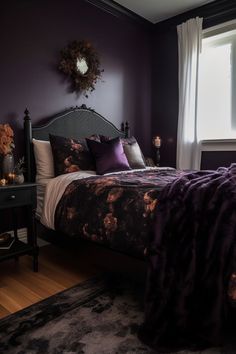 a bedroom with purple walls and a bed in the middle, along with a rug on the floor