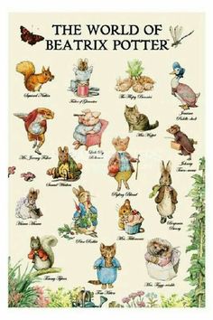 the world of beatrix potter book with pictures of animals and other things on it