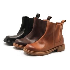 Retro Leather Chelsea Boots For Women Handmade Brush-Off Ankle Boots Brown/Coffee/Black Ankle Boots Brown, Brown Chelsea Boots, Casual Ankle Boots, Coffee Black, Band Design, Brown Coffee, Brown Shorts, Cute Boots, Thick Heel