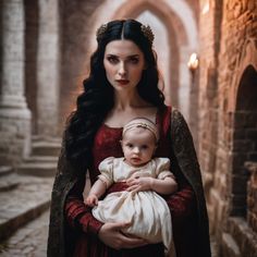 a woman holding a baby in her arms while wearing a red dress and gold tiara