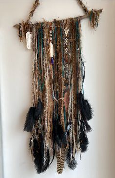 By Earth Mama ONE OF A KIND Handmade in Venice, California Feathers, beads, crystals Macrame And Beads, Handmade Creative Wall Decor, Cardboard Crafts Decoration Wall Art, Witchy Diy, Cardboard Crafts Decoration, Driftwood Macrame, Wood Beads Diy, Herb Wall, Crafting Corner