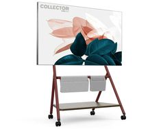 a large poster on a wooden stand with two white towels sitting on it's legs