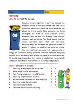 Recycling Reduce Reuse Recycle Worksheet, Recycle Worksheet, English Teaching Materials, English Worksheets For Kids, Reading Comprehension Activities, Reading Comprehension Passages