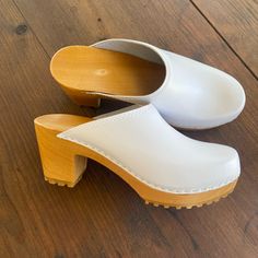 Bought These Custom Made Clogs From Poland On Etsy - Amazing And Perfect But Are A Bit Too Small Classic White Round Toe Clogs, Classic White Closed Toe Clogs, Classic White Clogs With Rubber Sole, White Leather High Heel Clogs, Classic High Heel Leather Clogs, White Leather Mules With Wooden Heel, Classic White Leather Clogs, White Clogs With Removable Insole And Block Heel, White Leather Clogs With Wooden Heel