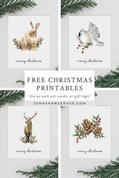 four christmas cards with watercolor animals and pine cones on them, the words free christmas print